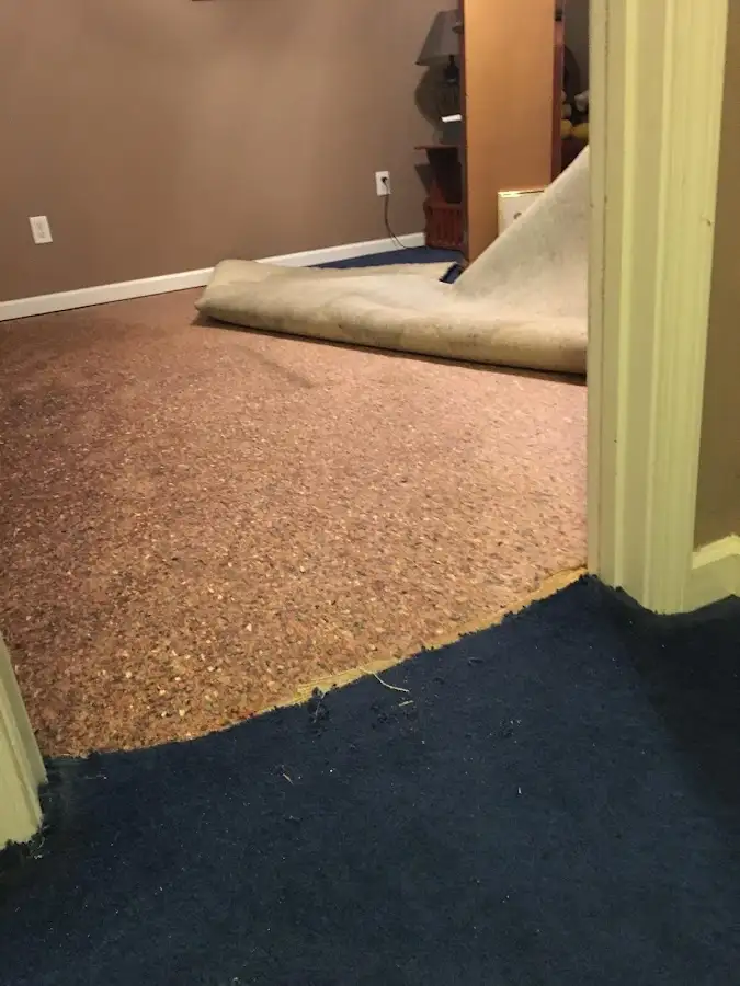 Carpet pad removal revealing water damage during Water Mitigation Services in Patterson